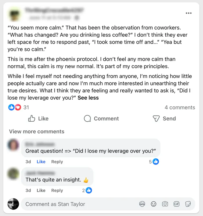 Screenshot of a Facebook post by Stan Taylor about staying calm and personal leverage, with reader comments