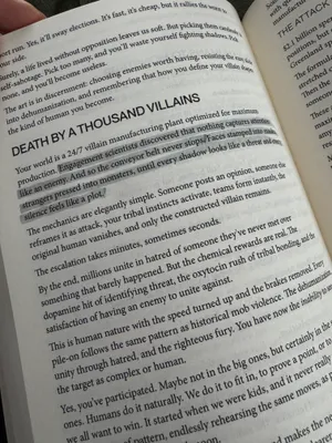 Customer-uploaded image. Click to see more details. The image represents: An open book showing a page with the heading "DEATH BY A THOUSAND VILLAINS" and several paragraphs of text discussing topics related to conflict and human behavior.