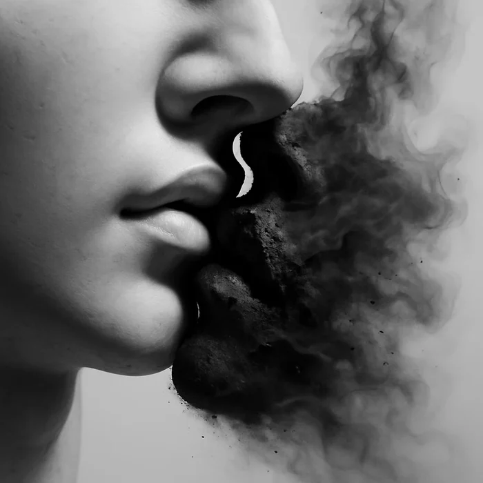 Black and white close-up of a person seduced by a smoky figure