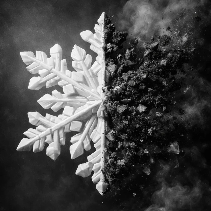 A single marble snowflake, one half crisp white crystal and the other crumbling to ash — fragility and strength