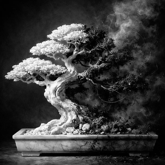 Bonsai tree in a marble pot with foliage fading from white stone into dark ash — patience and self-discipline