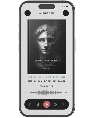 The Black Book of Power audiobook by Stan Taylor on a phone — dark psychology on power and influence