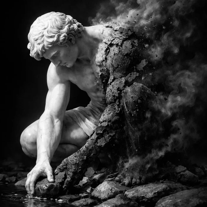 Marble statue of a crouching man reaching to touch a creek, dissolving into ash — reflection and self-mastery
