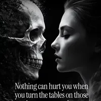 Customer-uploaded image. Click to see more details. The image represents: Black and white artistic image showing a woman's profile facing a skull, with text about turning tables on those who try to control you