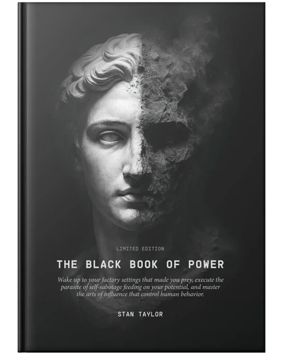 The Black Book of Power by Stan Taylor — hardcover dark psychology book with a split marble bust cover