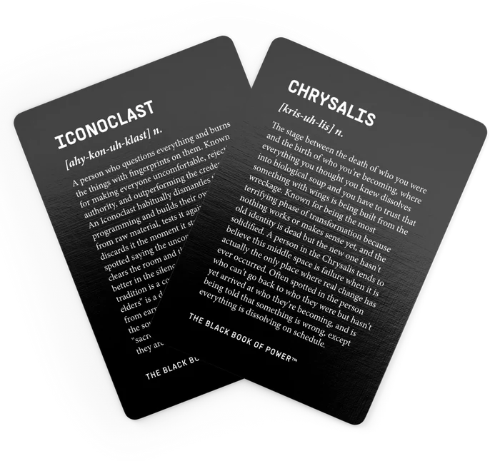 Two Black Deck cards by Stan Taylor defining 'Iconoclast' and 'Chrysalis'