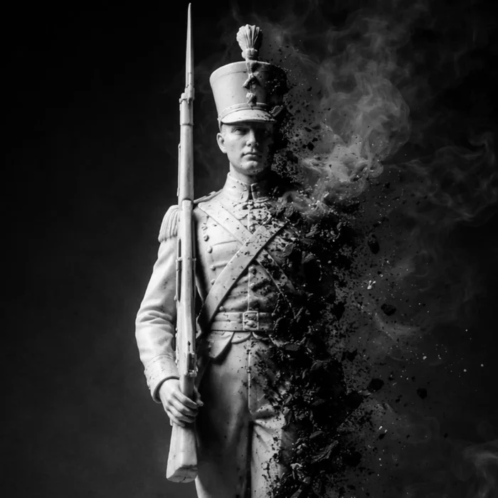 A marble toy soldier standing at attention with a rifle, half figure and half ash — obedience and control
