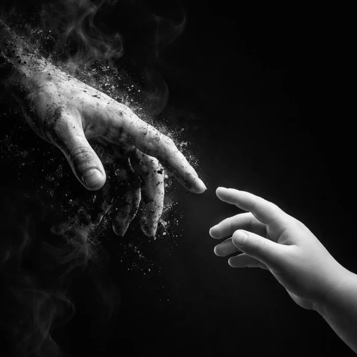A weathered marble adult hand reaching toward a small child's hand, trailing ash — legacy and inheritance