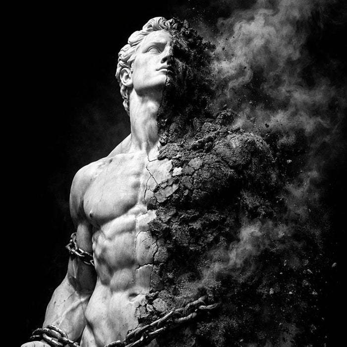 Chained marble statue of a muscular man dissolving into ash as he strains against his bonds — breaking free