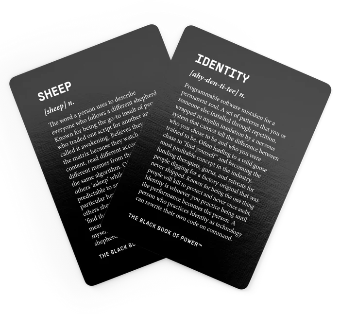 Two Black Deck cards by Stan Taylor defining 'Sheep' and 'Identity'
