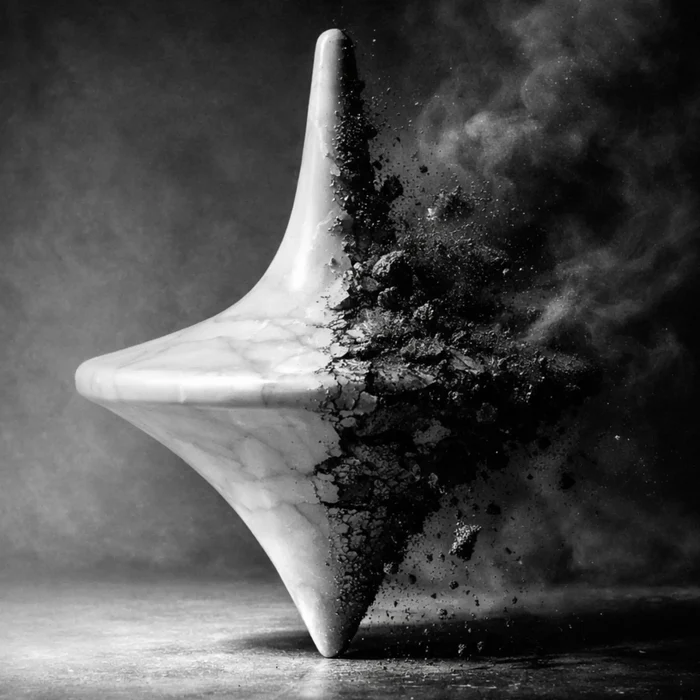 A marble spinning top balanced mid-spin, trailing into dark ash — momentum, balance and control