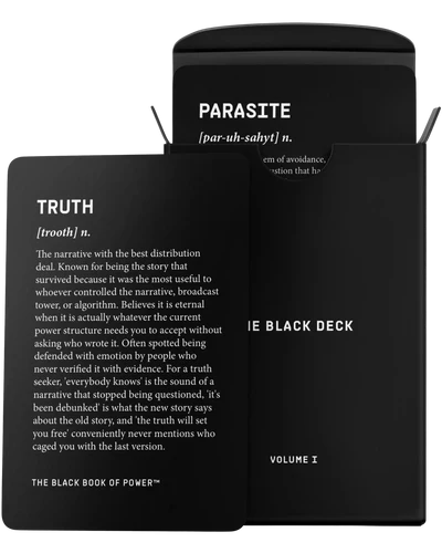 The Black Deck by Stan Taylor — 72 dark psychology power cards defining terms like Truth and Parasite