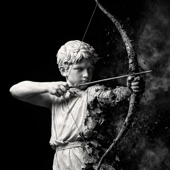 Marble statue of a young archer drawing his bow, dissolving into ash — focus, discipline and letting go