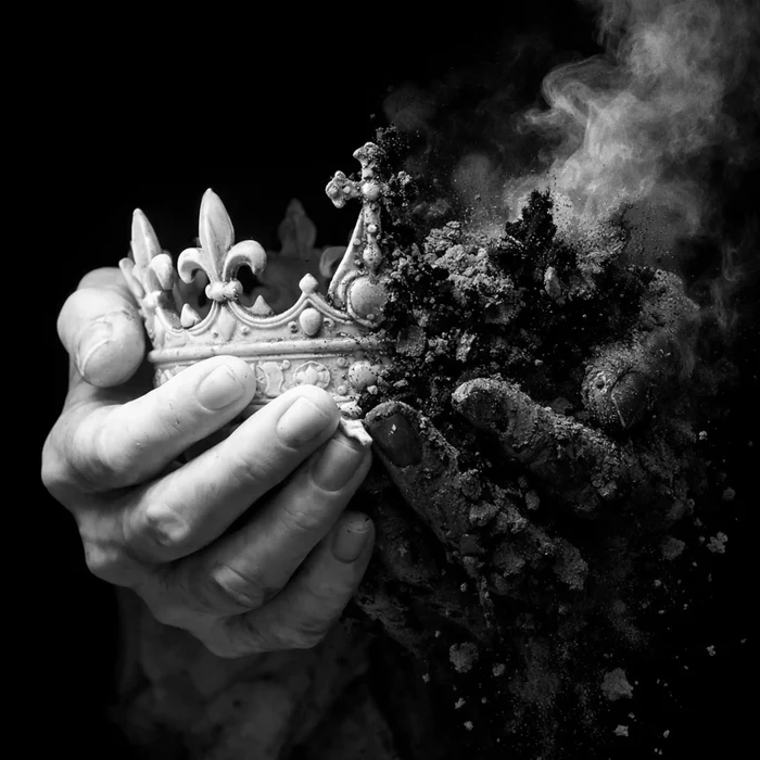 A hand holding a marble crown that crumbles into dark ash — the fragile nature of power and sovereignty