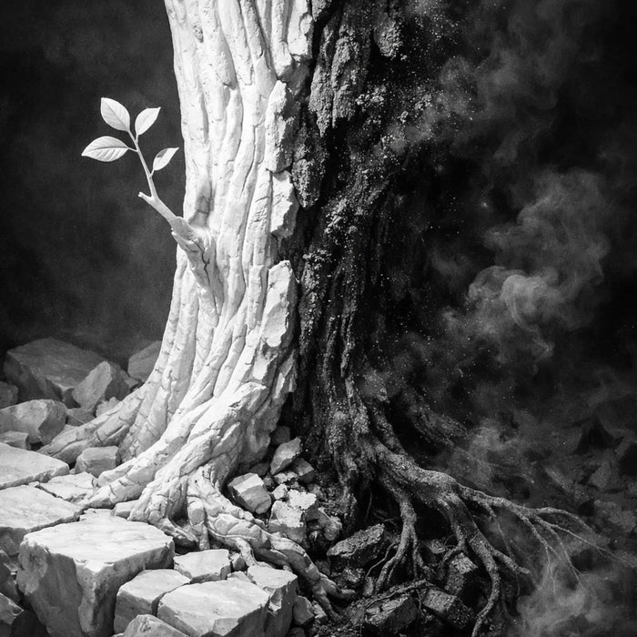 Tree trunk turning from carved marble to living bark with a new sprout emerging — growth and resilience